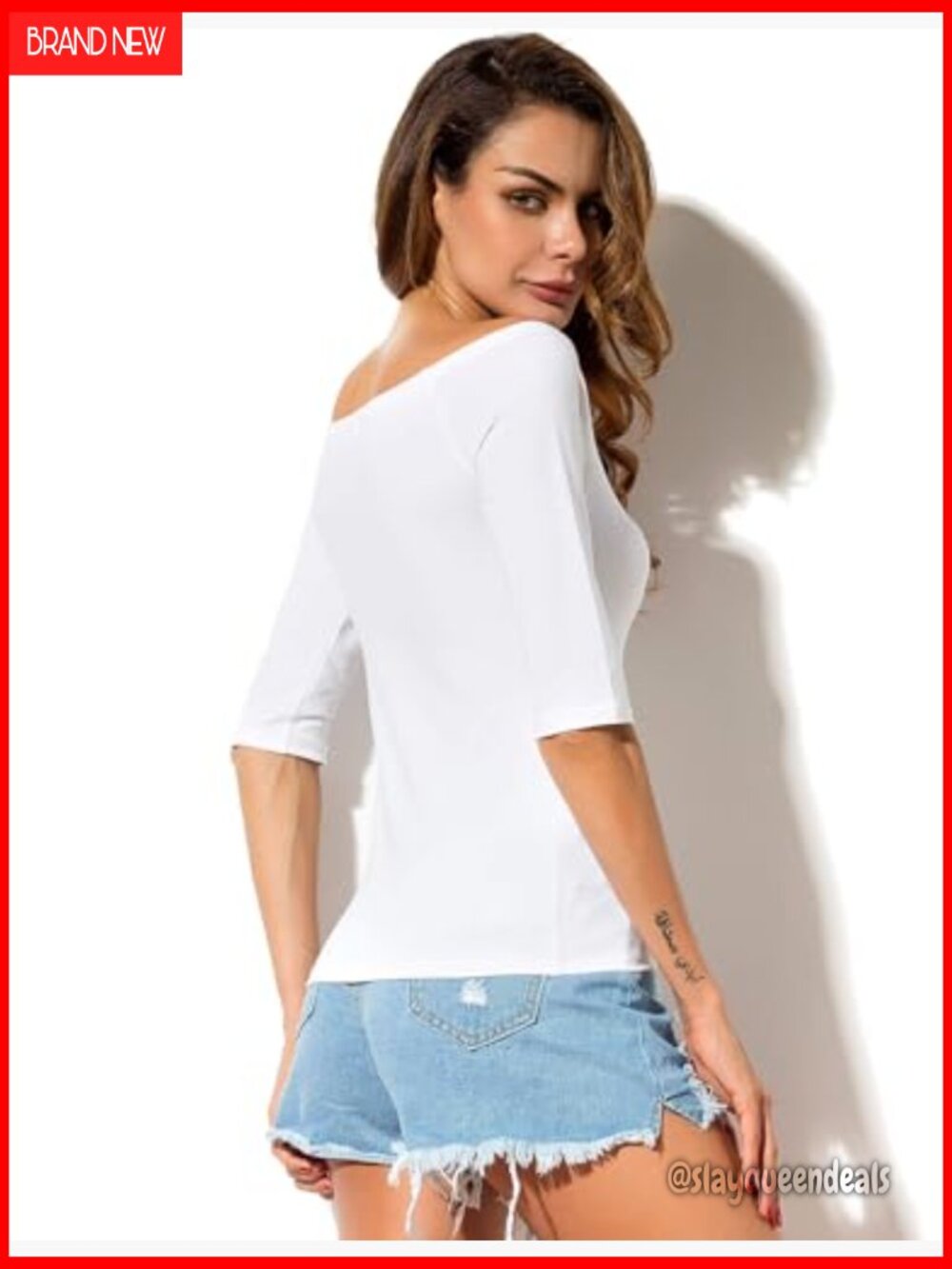 Off Shoulder Boat Neck Half Sleeve Cotton Blouse Summer Top Slim Fit - Picture 4 of 7